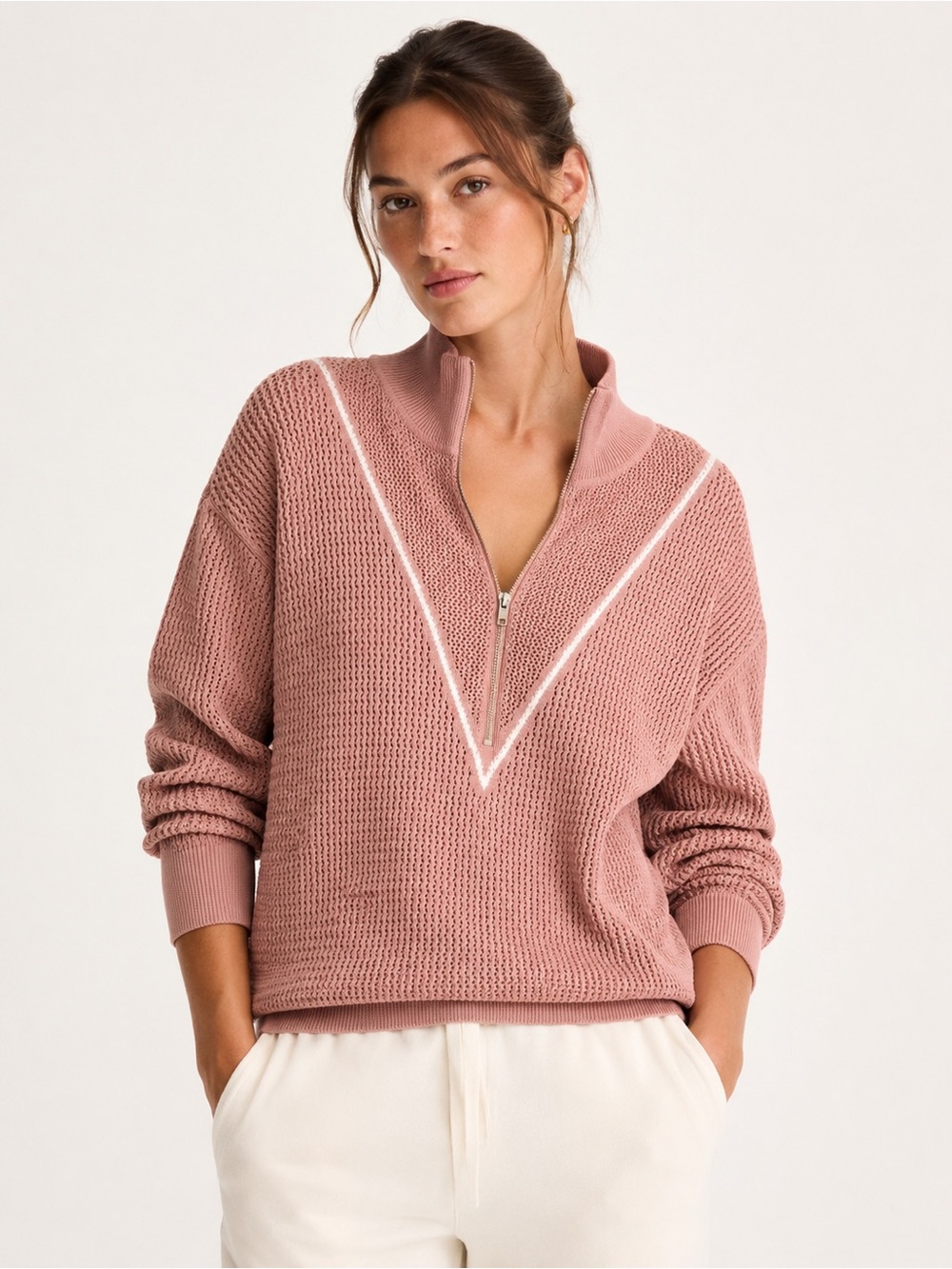 Varley Calva Half Zip Knit Sweater XL NWT Pink 100% Cotton Open Knit Top